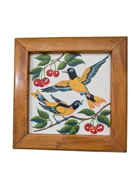 Paint by number Folk Art yellow Birds Cherries Framed Wall Decor 10.5"